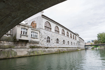 Ljubljana,Slovenia,6,2016: Street, river, bridges with dragons, magical city.