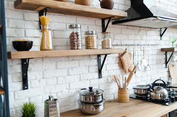 Obraz na płótnie Canvas Bright kitchen background. Bright kitchen. Wooden countertops