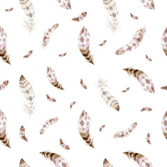 Hand drawn watercolor paintings vibrant feather seamless pattern . Boho style wings. illustration isolated on white. Bird fly design for T-shirt, invitation, wedding card. Rustic Bright colors.