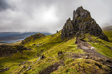 Fototapeta na wymiar Old Man of Storr on the Isle of Skye in Scotland. Mountain landscape with foggy clouds.