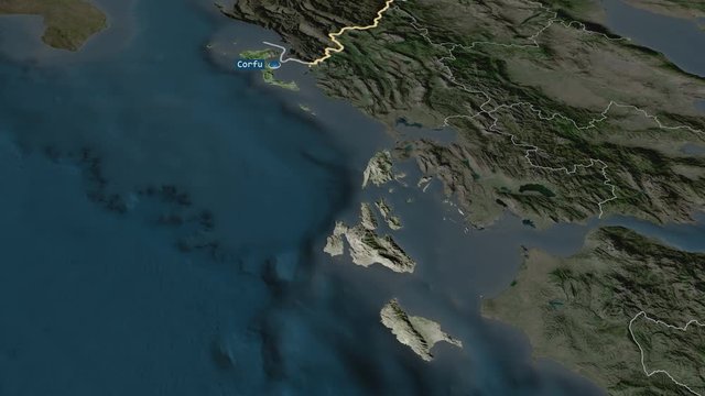 Ionian Islands - region of Greece with its capital zoomed on the satellite map of the globe. Animation 3D