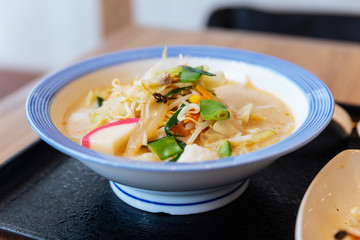 Champon Ramen (a noodle dish that is a regional cuisine of Nagasaki, Japan) with Pork, Shrimp, Scallion, Sprout, Carrot, Cabbage, Corn and Kamaboko.