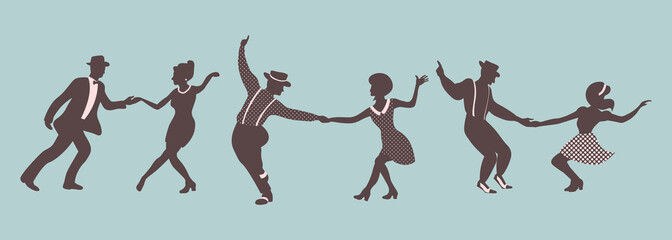 Horizontal composition of three couples dancing swing. People in 1930s or 1940s style. Vector illustration on blue background.