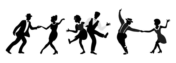 Obraz premium Horizontal composition of three couples. People in 1940s or 1950s style dancing rockabilly, charleston, jazz, lindy hop or boogie woogie. Vector illustration in black and white colors.
