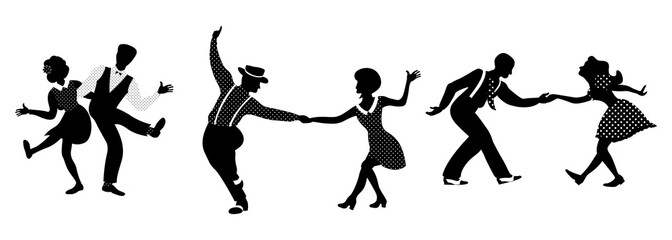 Horizontal composition of three couples set. People in 1940s or 1950s style dancing lindy hop or boogie woogie. Vector illustration in black and white colors.