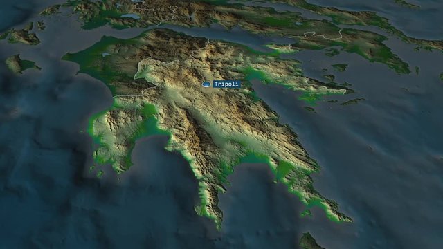 Peloponnese - region of Greece with its capital zoomed on the physical map of the globe. Animation 3D