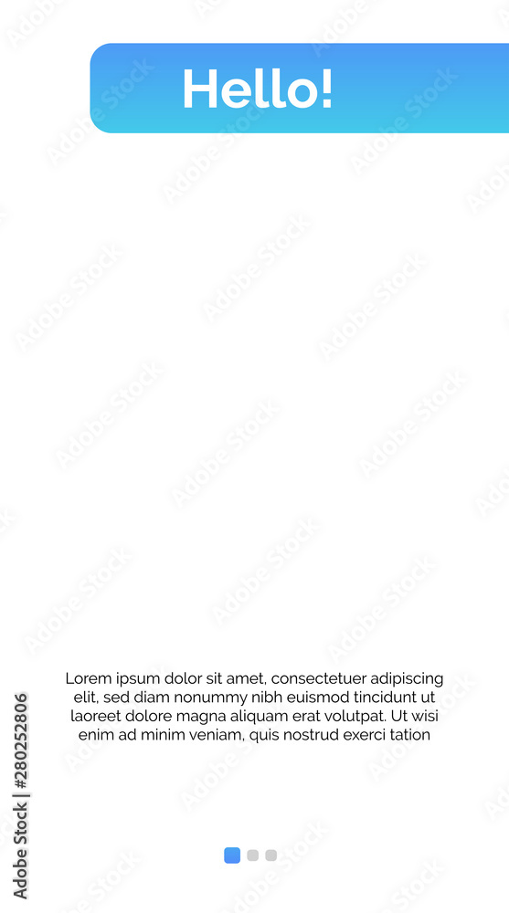 Poster hello page mockup for mobile interface template with right blue header, sample text. mobile, screen,