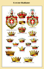 Heraldry representation table of Italian crowns in order of importance from monarchy to mural crowns commonly displayed on coats of arms of towns