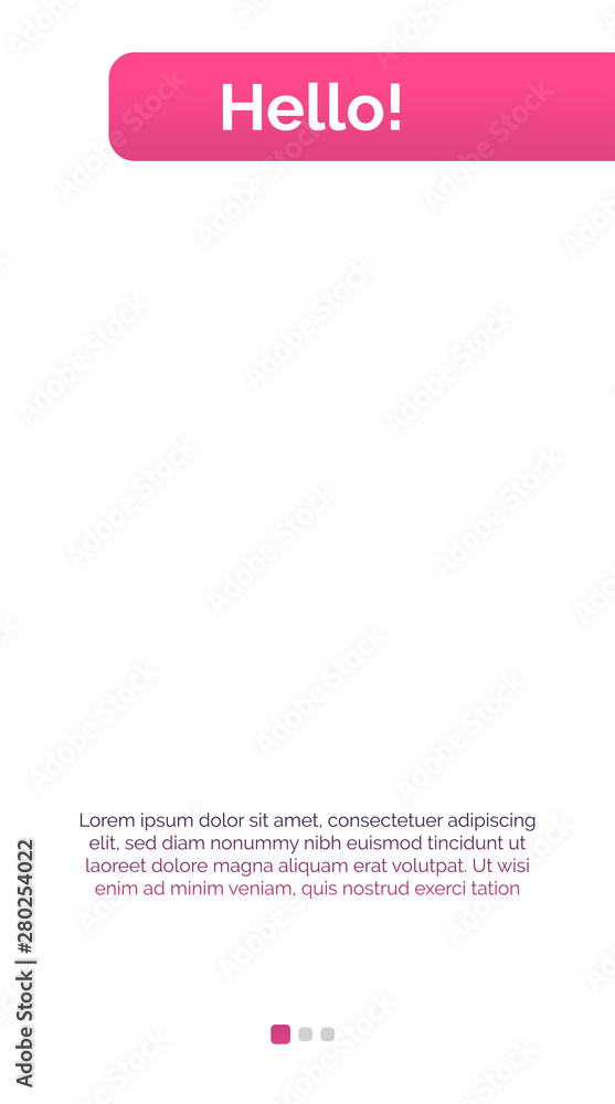 Poster hello page mockup for mobile interface template with right pink header, sample text. mobile, screen,