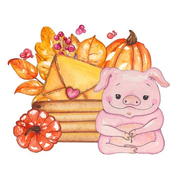 Hand painted watercolor autumn composition isolated on white background. Colored leaves, pumpkins and pig in box. It is perfect for thanksgiving cards, halloween design, decoration, prints, etc.