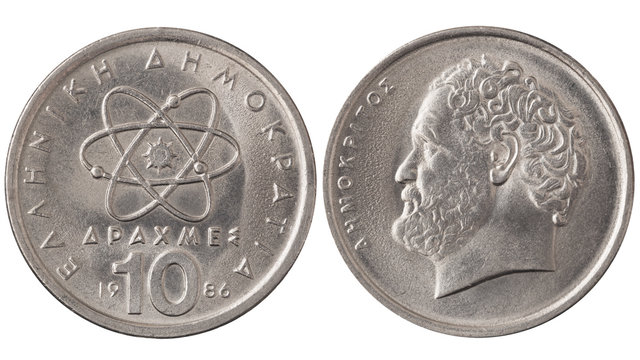 Used Greek 10 drachmas, 1987. Vintage steel coin with Democritus portrait isolated on white.