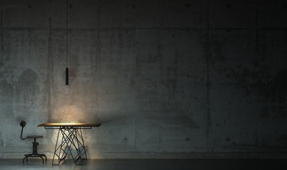 Dark room in the twilight with one table and one chair. Gloomy interior in loft style with copy space. 3D rendering.