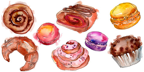 Tasty cake and desserts in a watercolor style. Background illustration set. Watercolour drawing aquarelle isolated.