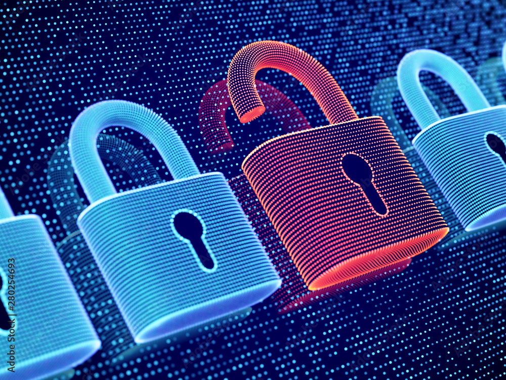 Aufkleber data security and privacy concept: opened padlock on digital screen background. visualization of per