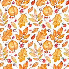 Hand painted watercolor autumn leaves seamless pattern. It is suitable for thanksgiving cards or wrapping paper, halloween design, recipe or menu, background, wallpaper..