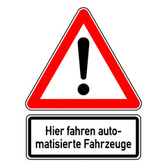 ncsc83 NewCombinationSignCaution ncsc - german text - Hier fahren automatisierte Fahrzeuge: Achtung Ausrufezeichen / dreieckig - quadrat xxl schwarz rot - g8173