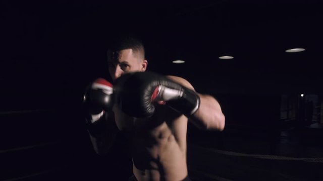 Strong professional male boxer practicing punches in boxing gloves