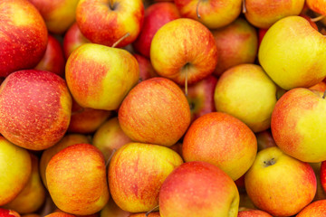 Red apples in the supermarket. Close-up. Background. Space for text.
