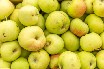 Green apples in the supermarket. Close-up. Background. Space for text.