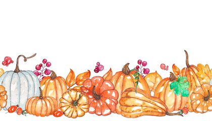 Watercolor autumn template with pumpkins, yellow leaves, berries.