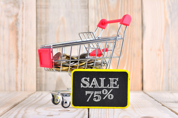 Trolley and coins with sale concept