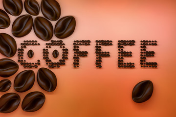 Coffee beans with a word Coffee made of beans over vibrant orange background