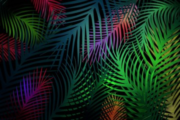 Tropical pattern with leaves of spiky plant in neon green magenta colors on black