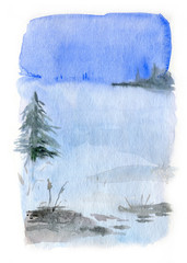 Watercolor illustration of winter landscape. Pine tree and snowy field with forest on the horizon in early dusk. Original artwork postcard design isolated on white background