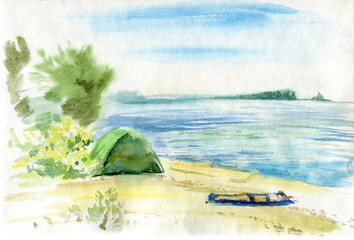 Watercolor illustration of camping at the beach. The shore of a lake or a sea with sunbathing woman near the tent. Solitude and natural vacation lifestyle.