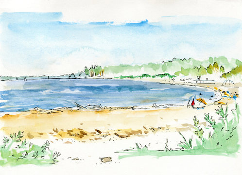 Summer beach with golden sand and people on vacation. Hand drawn watercolor illustration of sea shore. Art design for postcard or background.