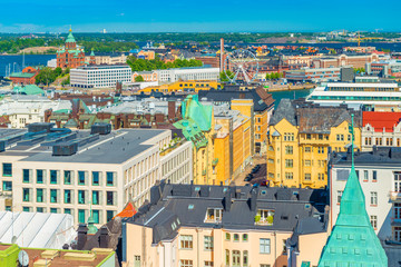 Aerial panorama of Helsinki, Finland. Cityscape in a sunny summer day