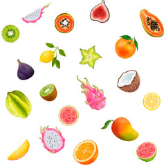 Tropical fruits illustration on white background. Dragon fruit, kiwi, papaya, carambola, star fruit, lemon, orange, fig, guava, coconut, mango