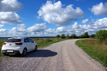 voiture blanche dans la nature sur l'ile de saaremaa, Estonie
