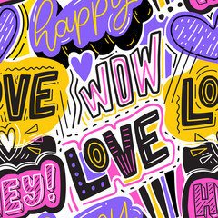 Modern hand drawn lettering seamless pattern for print, textile, fabric. Typography love background.