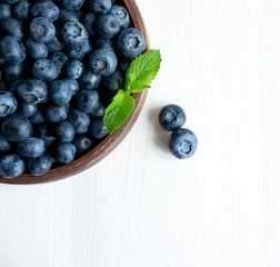 Closeup blueberry berries with mint leaves isolated on white background. Photo of blueberry for designers on the banner. Useful berries for sight