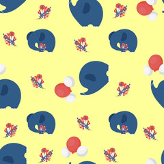 Nursery elephant seamless pattern. Cute elephants with balloons and flowers