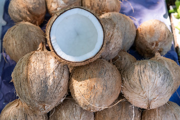 Fresh open coconut for sale on street market in Botafogo