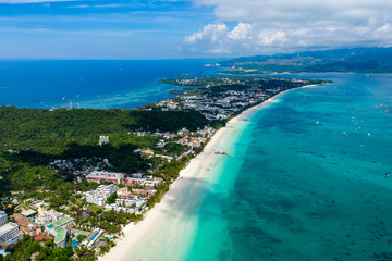 Aerial drone view of the Philippine island of Boracay after its reopening