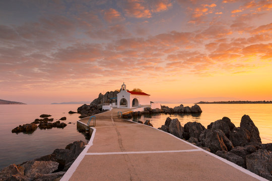 Agios Isidoros church in northern Chios at sunrise.