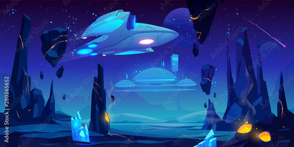 Wall mural spaceship, interstellar station hover above alien planet surface, neon space background with flying 