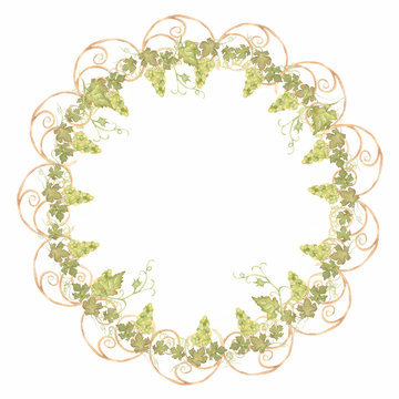 Beautiful Watercolor Hand drawn grapes wreath in green and yellow colors.