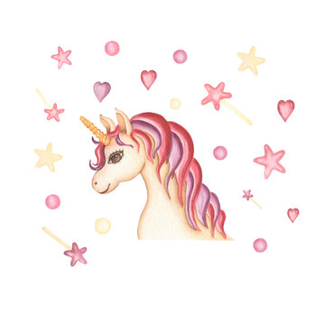 Watercolor hand drawn pink and violet unicorn card illustration with violet and pink stars, hearts. fairy tale animal creature, magical  clip art, isolated on white background.Birthday card.