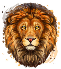 Lion. Artistic, color profile portrait of a lion's head on a white background with watercolor splashes.
