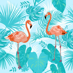 Tropical vector seamless pattern, blue branches and flamingo. Botany design.