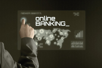 Business man pointing to virtual screen. Business & Technology Concept