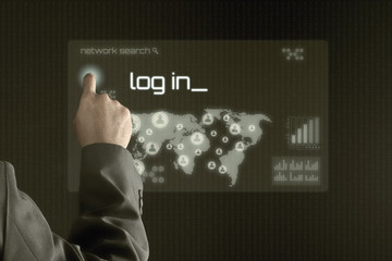 Business man pointing to virtual screen. Business & Technology Concept