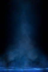 Empty street scene background with abstract spotlights light. Night view of street light reflected on water. Rays through the fog. Smoke, fog, wet asphalt with reflection of lights. 