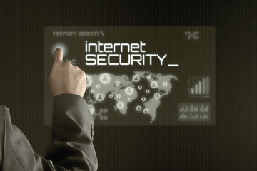 Business man pointing to virtual screen. Business & Technology Concept