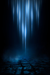 Empty street scene background with abstract spotlights light. Night view of street light reflected on water. Rays through the fog. Smoke, fog, wet asphalt with reflection of lights. 
