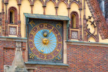 Architectural details of Gothic Old Town Hall on Market Square in Wroclaw. Poland